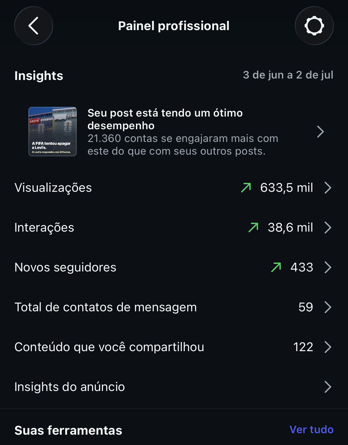 Painel de insights profissional do Instagram do Ricardo Filho