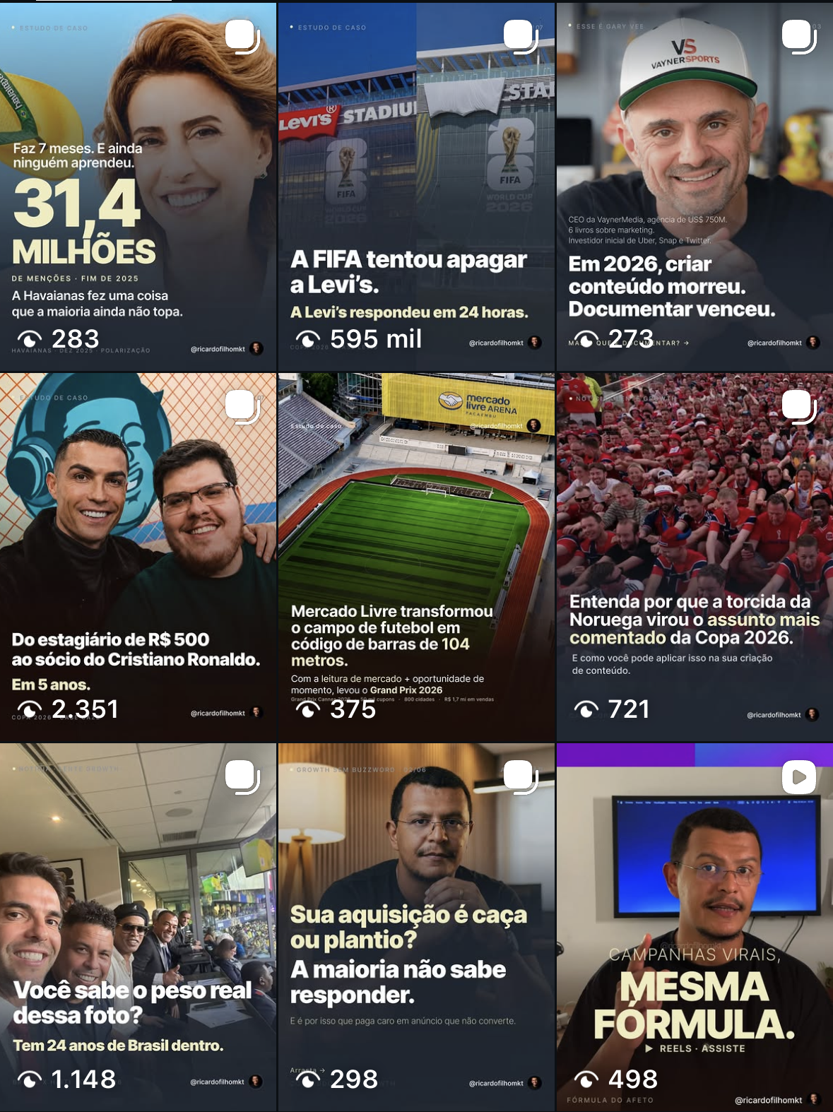 Grid do Instagram do Ricardo Filho: posts publicados com constância após o Roteiro de Conteúdo para IA